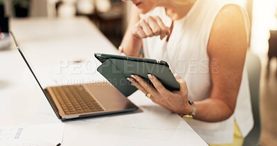 Buy stock photo Woman, tech and reading with tablet for project draft, editing article and creative process in home. Remote work, freelance writer and laptop for proofreading with mature editor or story development