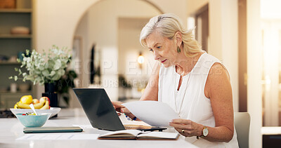 Buy stock photo Woman, laptop and reading with document for project draft, editing article and creative process in home. Remote work, freelance writer and papers for feedback with mature editor or story development