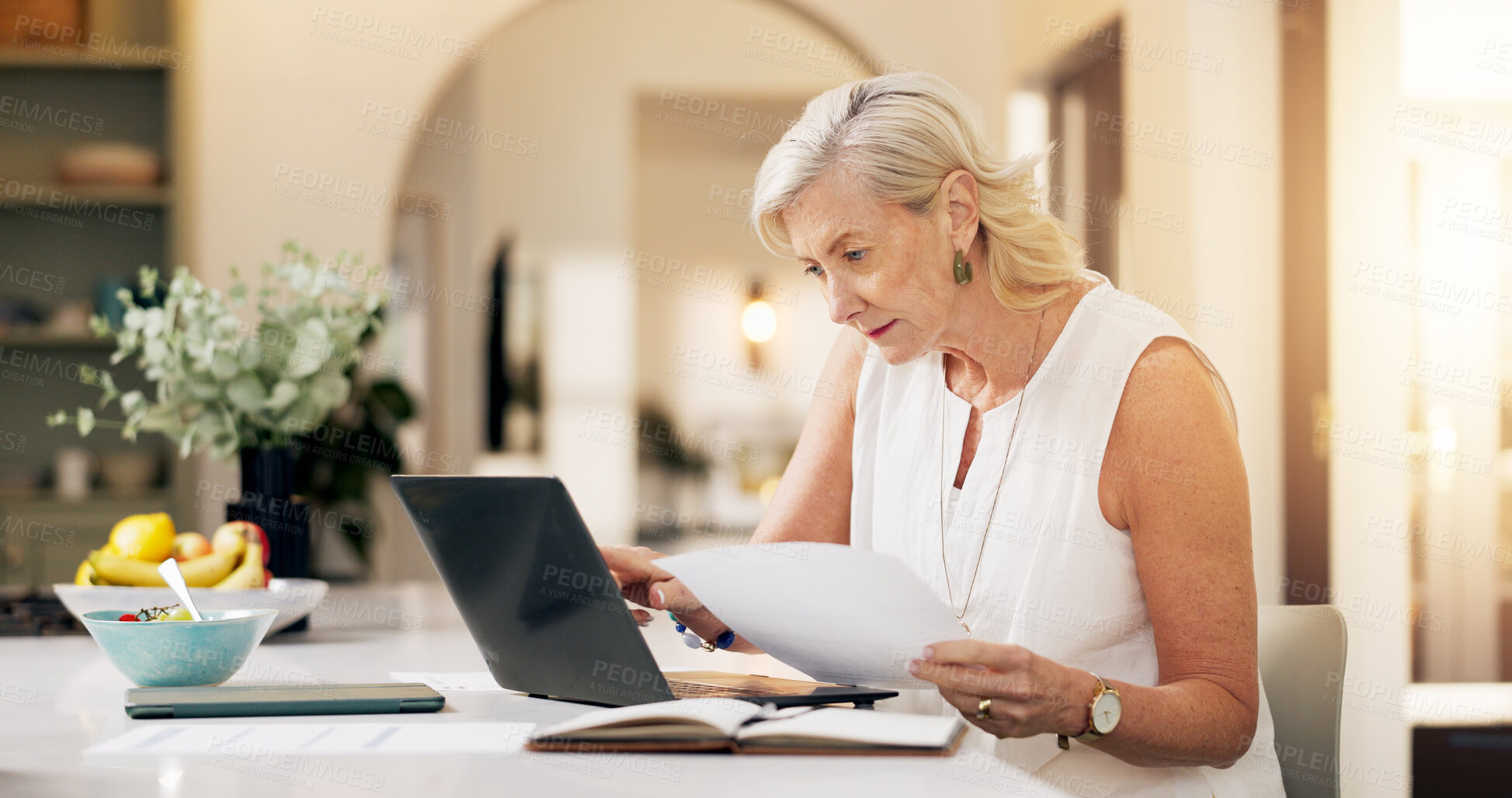Buy stock photo Woman, laptop and reading with document for project draft, editing article and creative process in home. Remote work, freelance writer and papers for feedback with mature editor or story development
