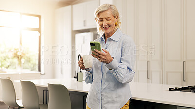 Buy stock photo Cellphone, house and old woman with smile, coffee and connection with social media. Happy, caffeine and mature person with technology, espresso and network with funny meme, laughing and communication