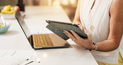 Buy stock photo Woman, tech and hands with tablet for project draft, editing article and creative process in home. Remote work, freelance writer and laptop for proofreading with mature editor or story development