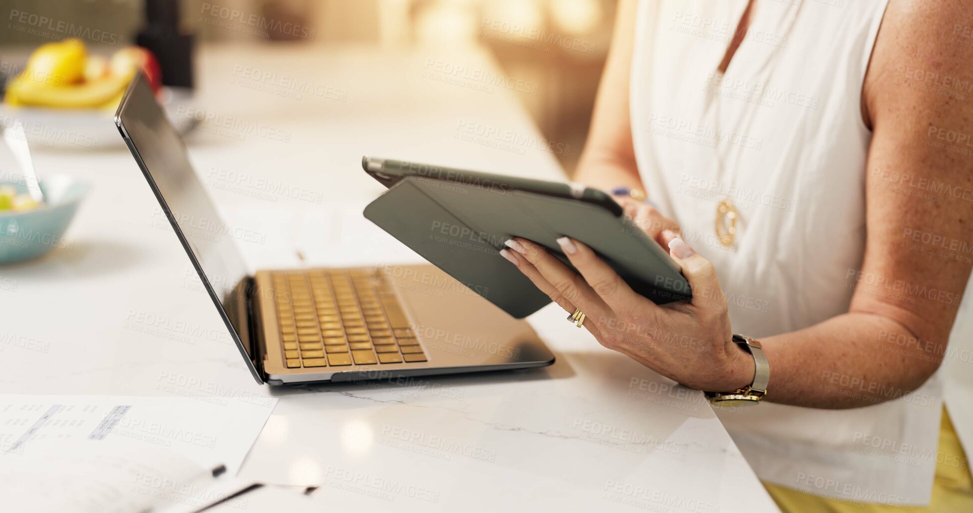 Buy stock photo Woman, tech and hands with tablet for project draft, editing article and creative process in home. Remote work, freelance writer and laptop for proofreading with mature editor or story development