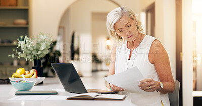 Buy stock photo Woman, laptop and document with remote work for project draft, editing article and creative process in home. Proposal, freelance writer and papers for feedback with mature editor or story development