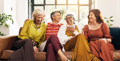 Buy stock photo Laughing, friends and old women on couch, home and bonding with gossip in lounge, happy and reunion. Senior people, conversation and humor for funny joke in living room, relax and break in apartment
