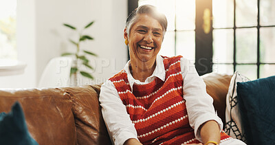 Buy stock photo Portrait, senior woman and happy on sofa for weekend break, comfortable retirement and wellness. Pensioner, old person and relax with smile in home for peaceful morning, confidence or flare in lounge