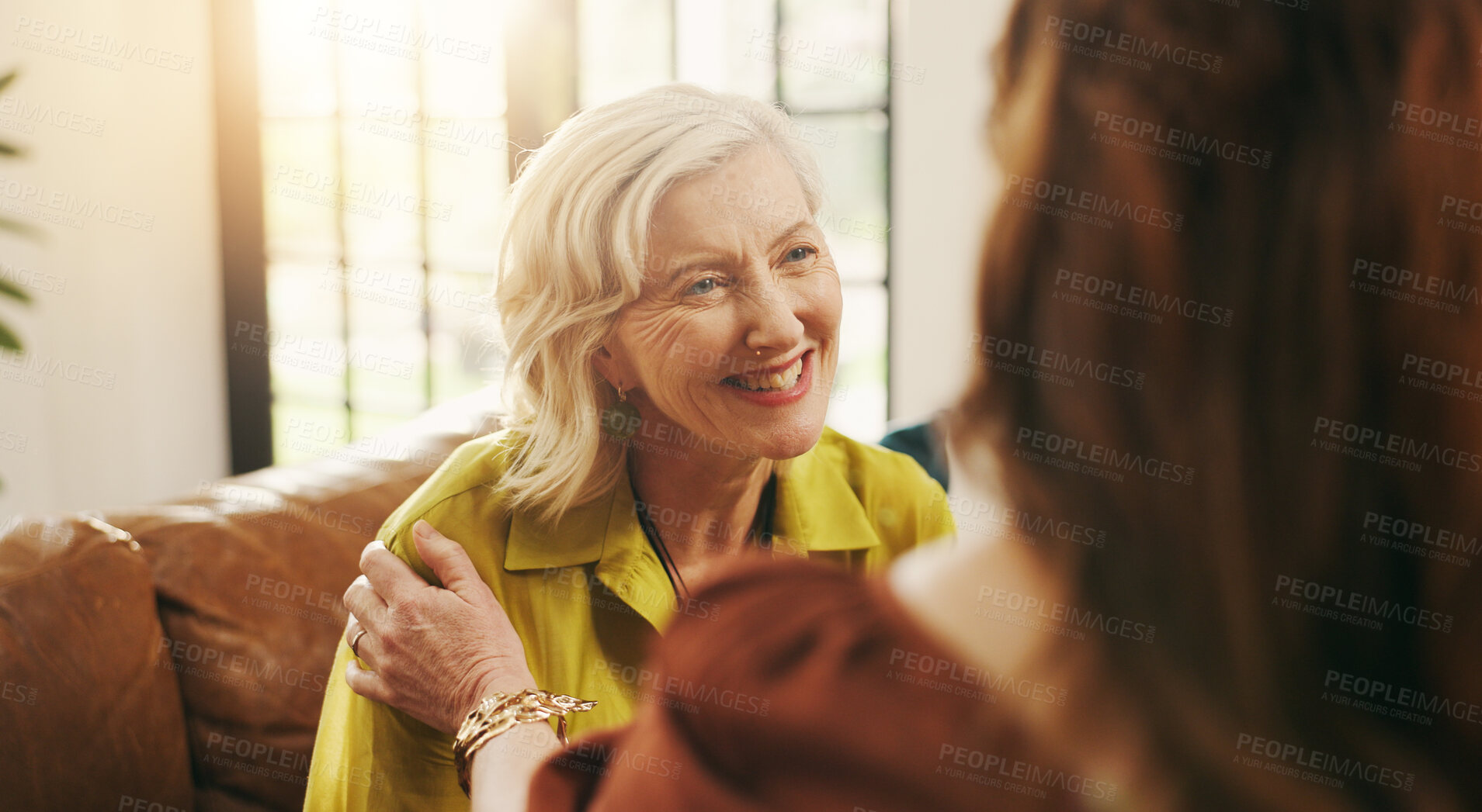 Buy stock photo Senior woman, friends and smile with comfort, support or empathy for trust in retirement home. Elderly, female person or discussion with chat for care, friendship or social bonding together in house