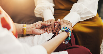 Buy stock photo Holding hands, trust and women friends on sofa with comfort, love and bonding together. Support, compassion and female people with connection in living room for empathy, care or solidarity in home.