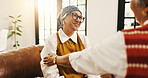 Elderly woman, friends and smile with comfort, support or empathy for trust in retirement home. Senior, female person or discussion with chat for care, friendship or social bonding together in house