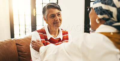 Buy stock photo Senior woman, friends and smile with advice, support or empathy for trust in retirement home. Elderly, female person or discussion with chat for care, friendship or bonding together in house