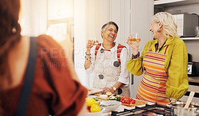 Buy stock photo Cooking, kitchen and mature women with alcohol for bonding, conversation or culinary lesson. Happy, social reunion and senior friends with cheers, toast and food for learning recipes together in home
