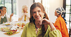 Happy, supper and portrait of mature woman in home with friends for reunion, bonding or catch up. Smile, connection and female person in dining room for dinner, brunch or meal with people in house.