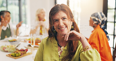 Buy stock photo Happy, supper and portrait of mature woman in home with friends for reunion, bonding or catch up. Smile, connection and female person in dining room for dinner, brunch or meal with people in house.
