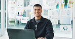 Portrait, man and happy with laptop in office for app development, UX design and software testing. Web designer, person and smile with technology for UI mapping, site performance or career confidence