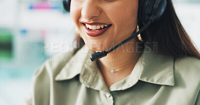 Buy stock photo Headset, communication and mouth of businesswoman in office for crm, customer service or contact us. Mic, talking and female technical support consultant with online consultation in workplace.