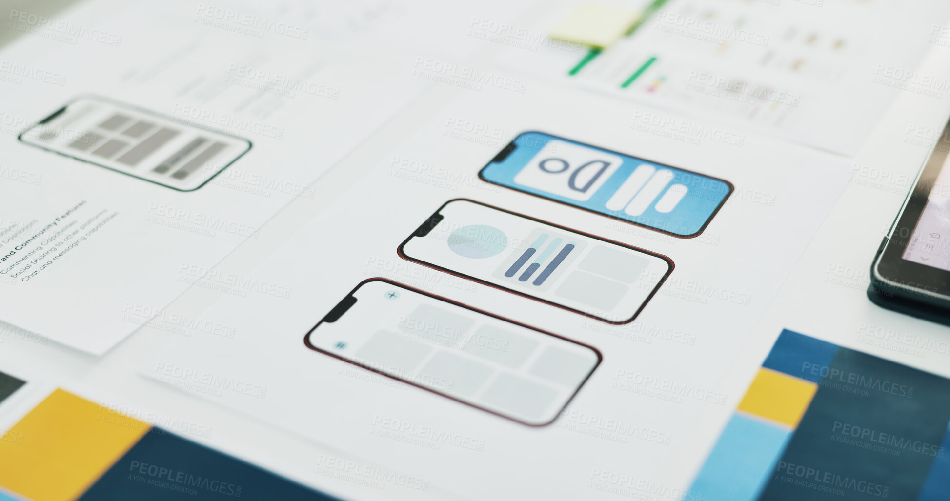 Buy stock photo Ux, wireframe and mobile app on paperwork, office and design for digital product development or web. Business, UI template and documents with info for software updates, flowchart and phone prototype
