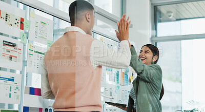 Buy stock photo People, high five and team for app development at glass wall, motivation or tablet for celebration. Woman, man and achievement with goals, success and support with ux design job at digital agency