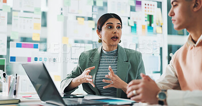Buy stock photo Woman, man and laptop for app development, team and meeting for ux design at startup tech company. People, partnership and discussion with computer, planning and software innovation at digital agency