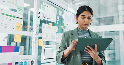 Buy stock photo Woman, tablet and review for app development at startup, checklist and application with flowchart. Person, tech and click with information technology, software and ux design project at digital agency