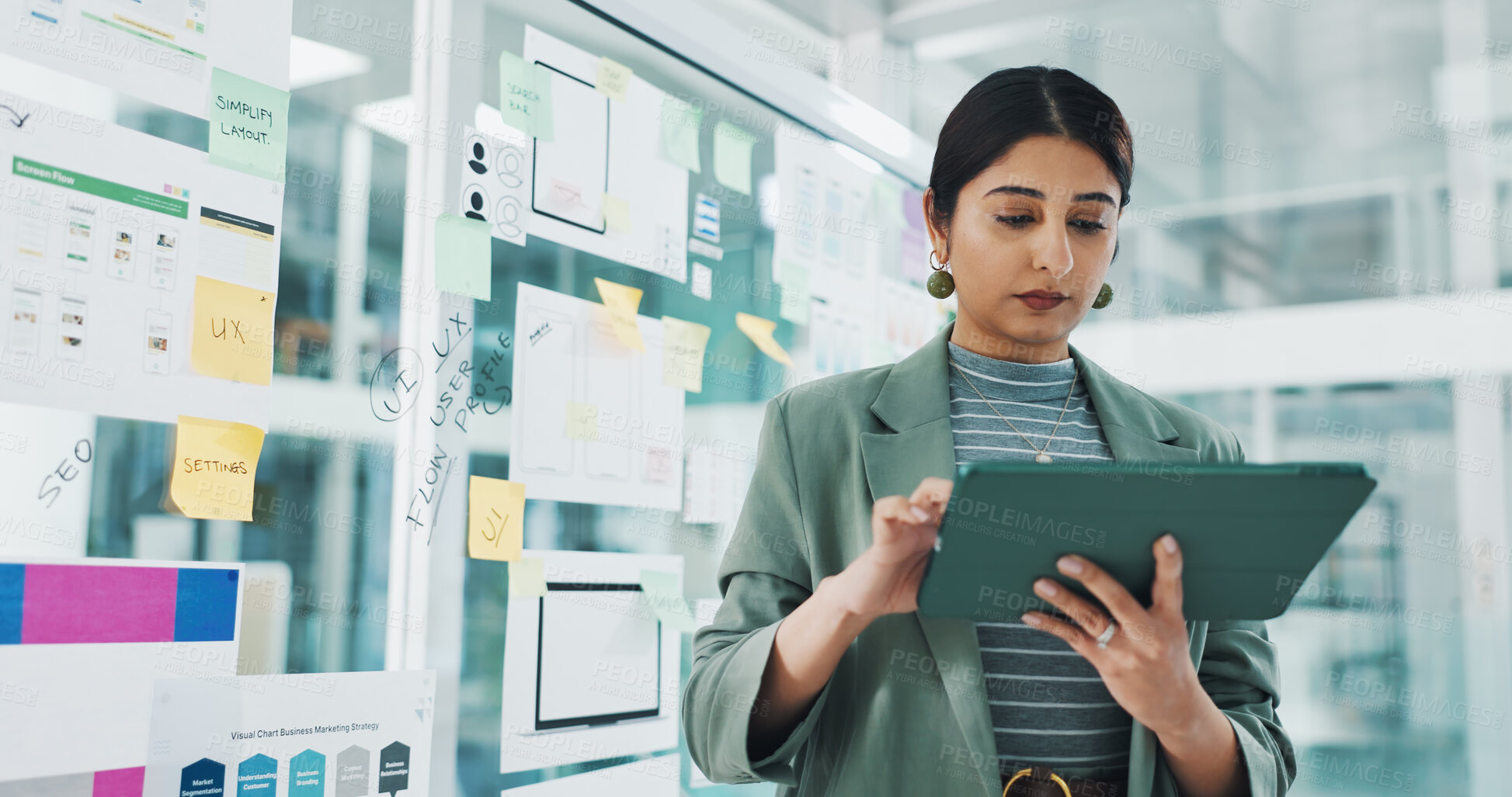 Buy stock photo Woman, tablet and review for app development at startup, checklist and application with flowchart. Person, tech and click with information technology, software and ux design project at digital agency
