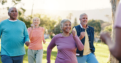 Buy stock photo Class, warm up and fitness with old people in park for wellness, workout or mobility exercise. Joint friendly training, retirement and learning with group of senior men and women outdoor for health