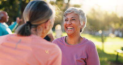 Buy stock photo Happy, senior woman and friends for fitness outdoor with discussion, exercise and bonding together. Smile, elderly people and laughing for pilates session, training break and chat of wellness at park