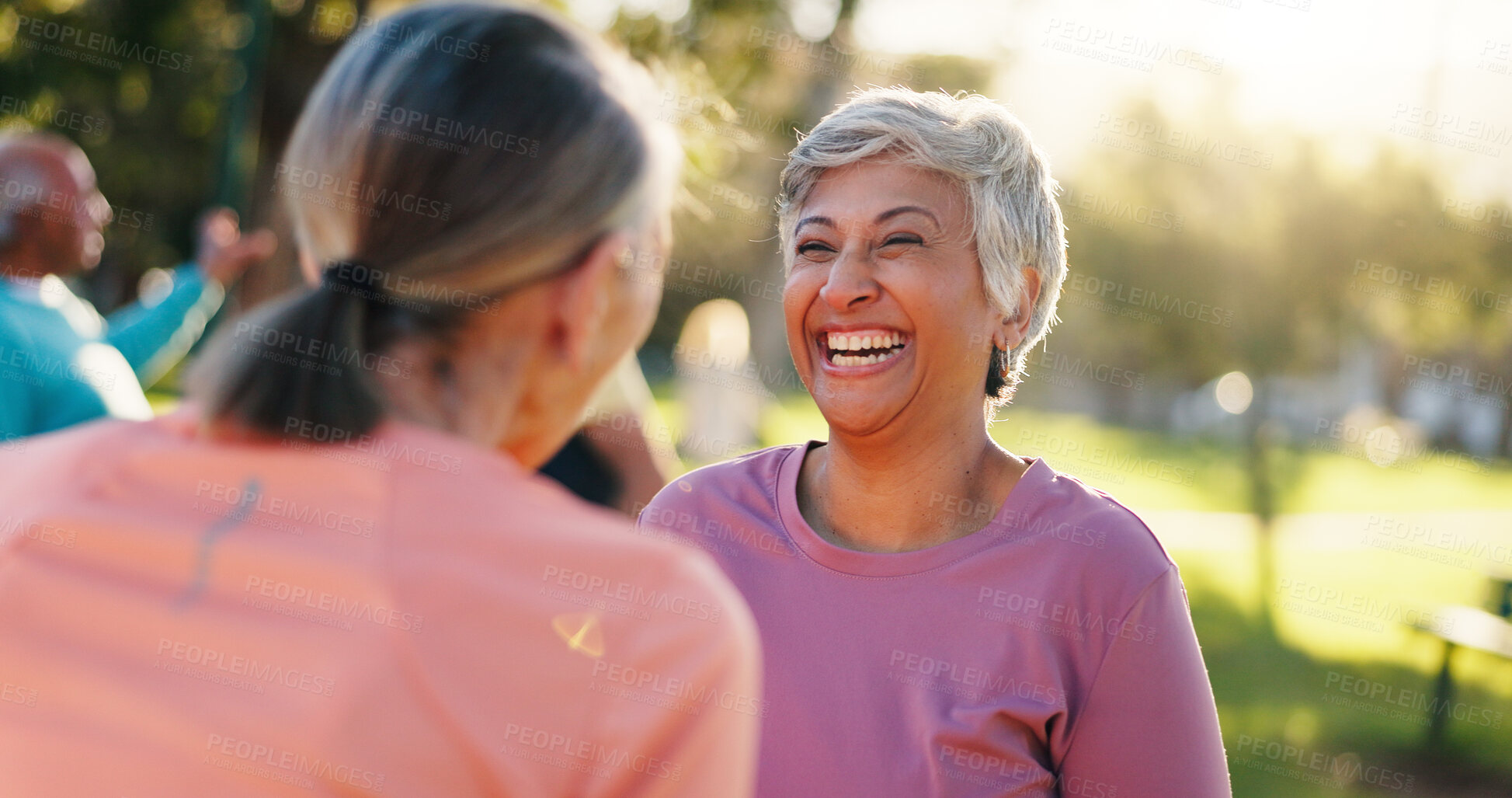 Buy stock photo Happy, senior woman and friends for fitness outdoor with discussion, exercise and bonding together. Smile, elderly people and laughing for pilates session, training break and chat of wellness at park
