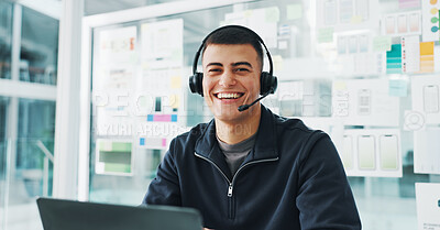 Buy stock photo Happy man, portrait and consultant with headset for web help or tech support in office. Male person, agent or smile with mic for virtual assistance, communication or online advice in workplace