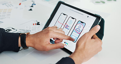 Buy stock photo Person, hands and tablet screen with wireframes for app design, software development or UI planning. Closeup, designer or technology display with digital blueprint for mobile UX, function or layout