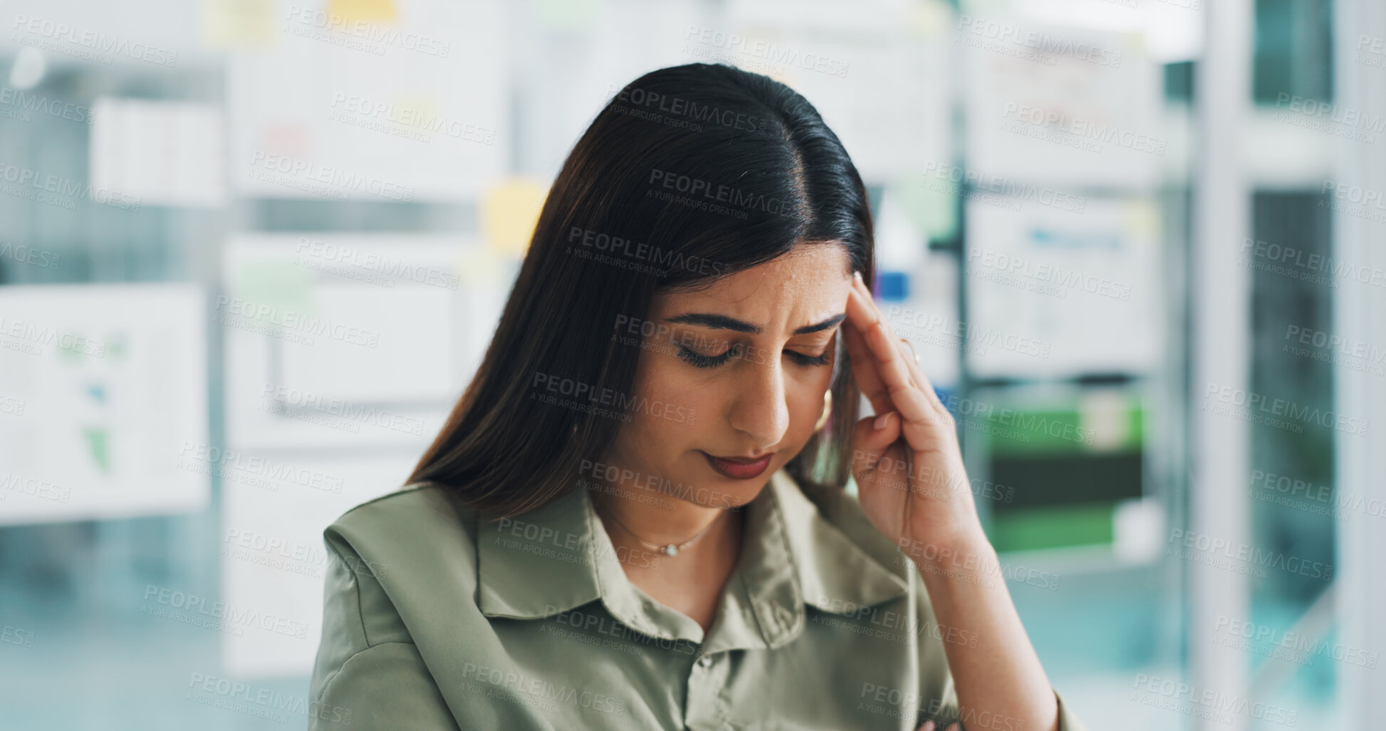 Buy stock photo Business woman, web designer and headache with stress for project deadline, tasks or pressure. Frustrated, female person or developer with migraine or planning board for overworked, mistake or fail