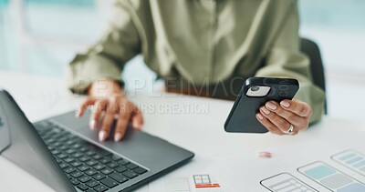 Buy stock photo Phone, laptop and hands of worker with paperwork for mobile app software, website and ui design. Creative agency, startup and woman with tech, documents and layout for research, project and planning