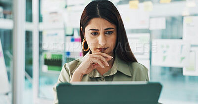 Buy stock photo Thinking, creative and woman in office on tablet for mobile app software, website and ui design. Digital agency, startup and person with documents, tech and ideas for research, internet and planning