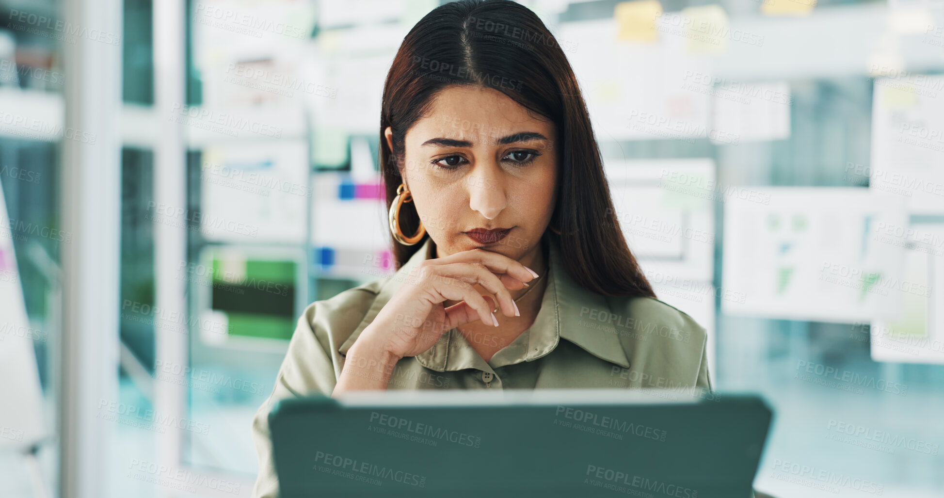 Buy stock photo Thinking, creative and woman in office on tablet for mobile app software, website and ui design. Digital agency, startup and person with documents, tech and ideas for research, internet and planning