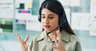 Buy stock photo Headset, communication and businesswoman in office for crm, customer service or contact us. Mic, talking and female technical support consultant with explaining on online consultation in workplace.