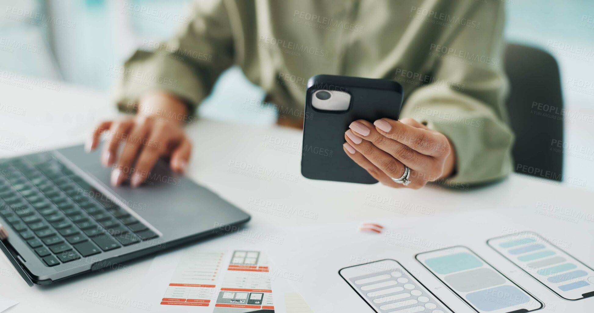 Buy stock photo Phone, creative and hands of woman with paperwork for mobile app software, website and ui design. Digital agency, startup and person with tech, documents and layout for research, project and planning