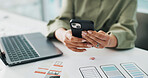 Phone, creative and hands of worker with paperwork for mobile app software, website and ui design. Digital agency, startup and woman with tech, documents and layout for research, project and planning
