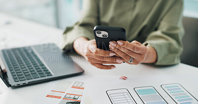 Buy stock photo Phone, creative and hands of worker with paperwork for mobile app software, website and ui design. Digital agency, startup and woman with tech, documents and layout for research, project and planning