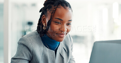 Buy stock photo Reading, laptop and business black woman in office for finance report, online research and audit review. Happy, corporate and worker on computer for financial proposal, website and budget planning