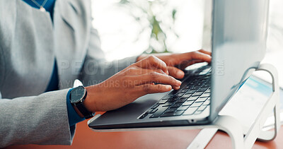 Buy stock photo Hands, office and business person on laptop for finance report, online research and proposal. Professional, corporate and worker typing on computer for financial review, website and budget planning