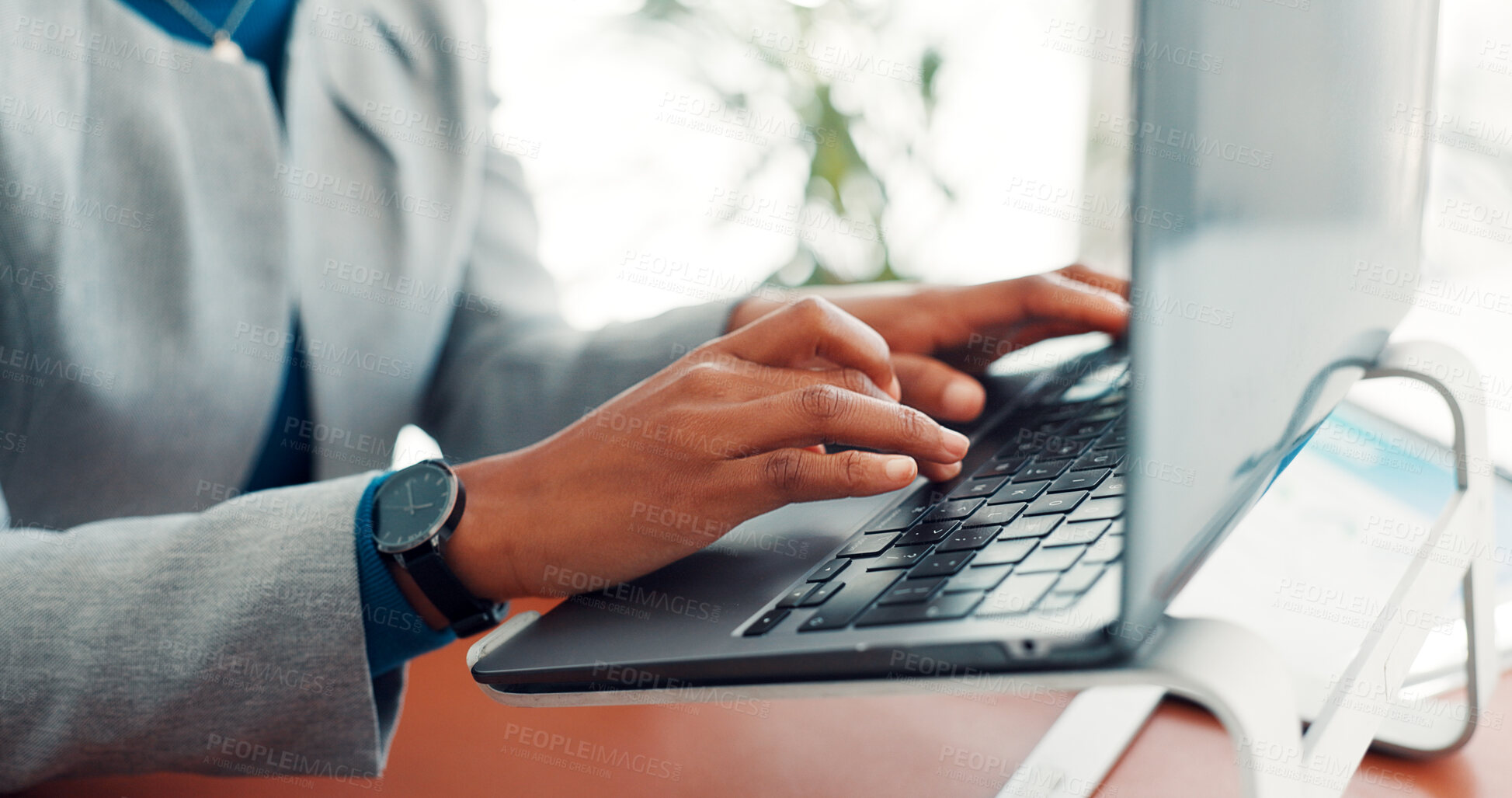 Buy stock photo Hands, office and business person on laptop for finance report, online research and proposal. Professional, corporate and worker typing on computer for financial review, website and budget planning