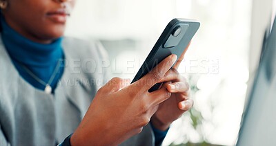 Buy stock photo Hands, business woman and typing with phone to monitor notifications, schedule online post or chat. Social media specialist, employee and smartphone in office to track brand performance and research