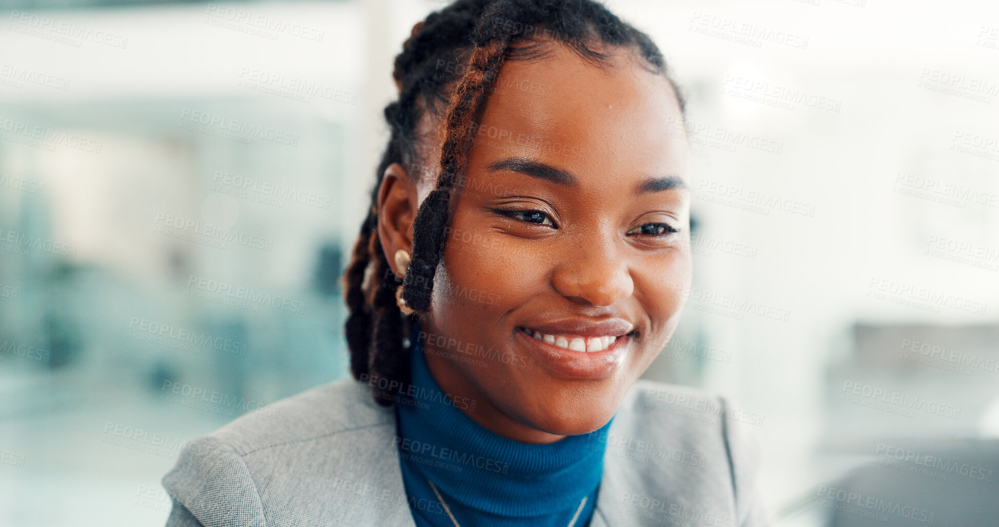 Buy stock photo Happy, black woman or vision with ambition in office for corporate insight or improvement. Female person, employee or smile with pride, perception or career for research, job opportunity or workplace