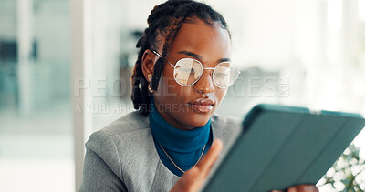 Buy stock photo Business, tablet and black woman in office for financial report, investment research and website. Professional, corporate and person on digital tech for finance proposal, planning and budget review