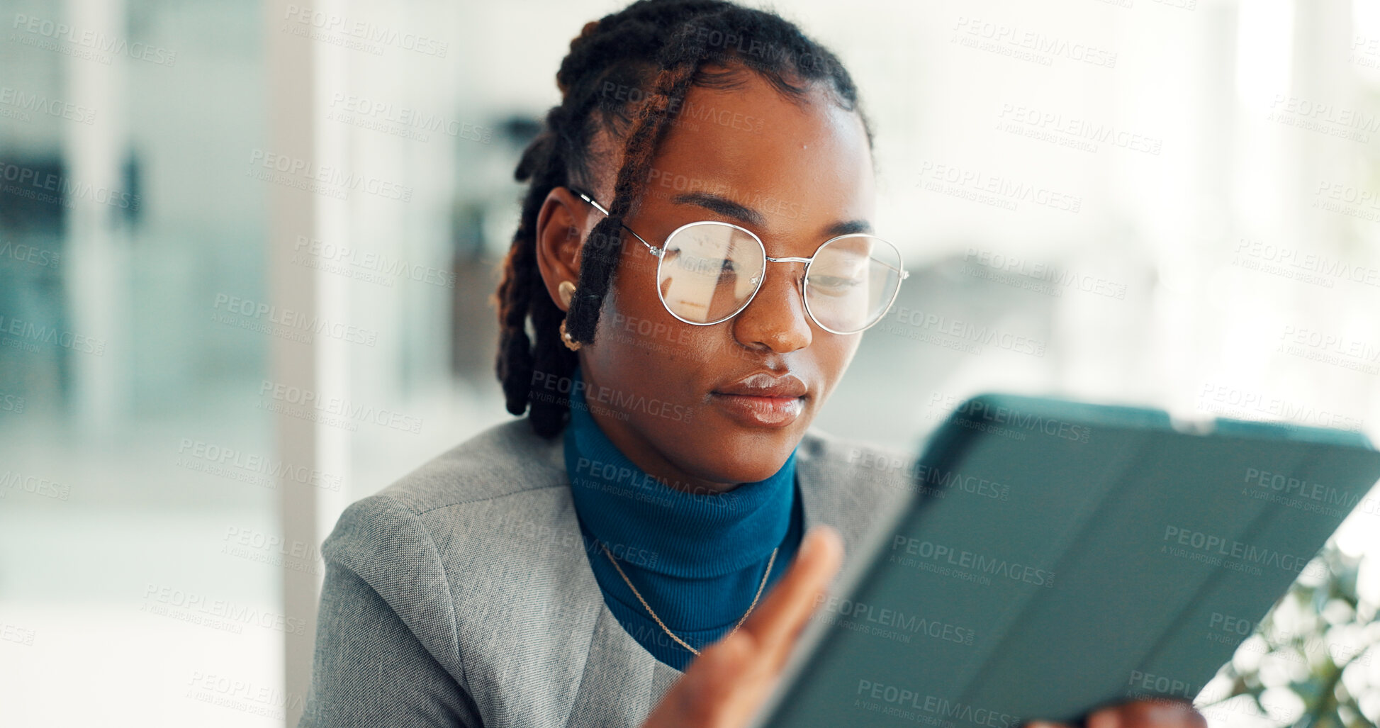 Buy stock photo Business, tablet and black woman in office for financial report, investment research and website. Professional, corporate and person on digital tech for finance proposal, planning and budget review