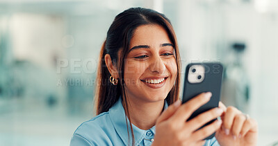 Buy stock photo Business, woman and smile with phone in office for viral online video, positive feedback or comment. Social media specialist, person and happy with smartphone for performance report, texting or space