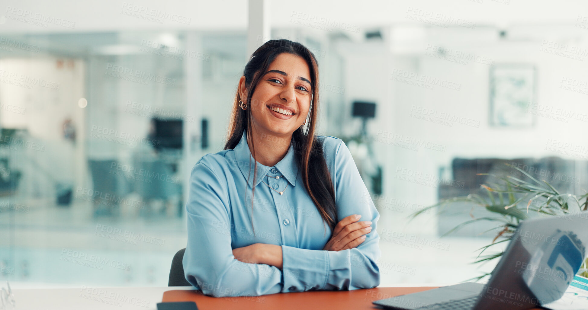 Buy stock photo Portrait, office and business woman on laptop for finance report, online research and proposal. Professional, corporate and worker on computer for financial review, website and budget planning