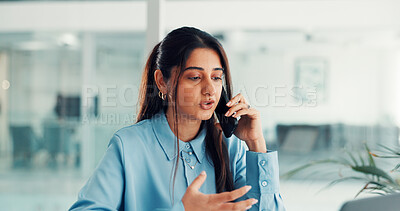 Buy stock photo Phone call, business and woman in office talking for finance advice, investment deal and discussion. Financial advisor, laptop and person on smartphone for contact, online consulting and conversation