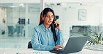 Phone call, business and woman on laptop in office for contact, investment advice and discussion. Financial advisor, computer and person on smartphone for talking, finance consulting and conversation
