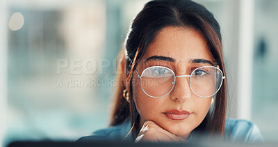 Buy stock photo Reading, glasses and business woman with reflection for finance report, research and audit review. Space, corporate and worker online for financial proposal, project and budget planning in office