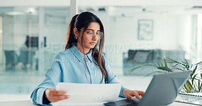 Buy stock photo Laptop, business woman and documents in office for performance review, stocks analysis and IPS. Portfolio manager, document and tech for typing investment report, economic data and risk management