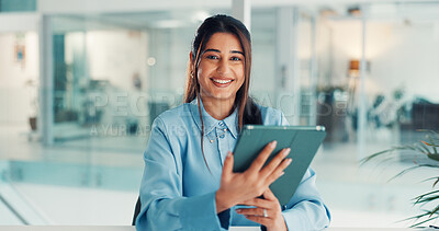 Buy stock photo Portrait, tablet and business woman in office for finance report, investment research and website. Happy, corporate and person on digital tech for financial proposal, planning and budget review